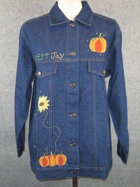 Quacker Factory Fall Harvest Denim Jacket M Pumpkis Scarecrow
